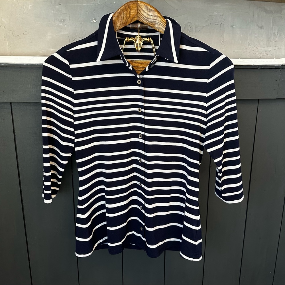 Y2K Tommy Hilfiger‎ Navy and White Striped Button Down Blouse